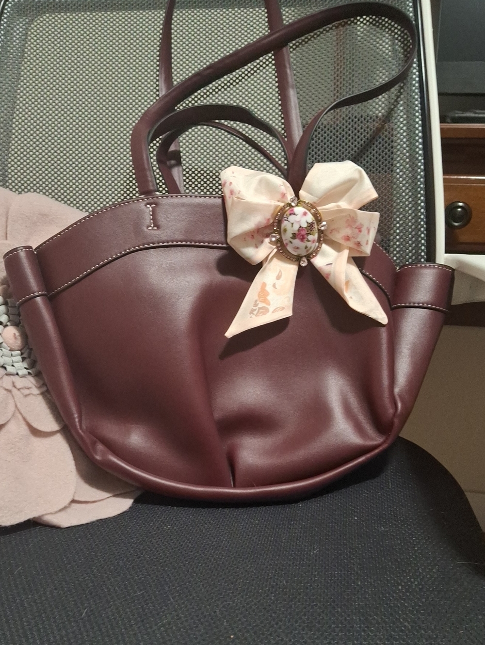 Zara Wine Red Tote with Floral Bow Accent